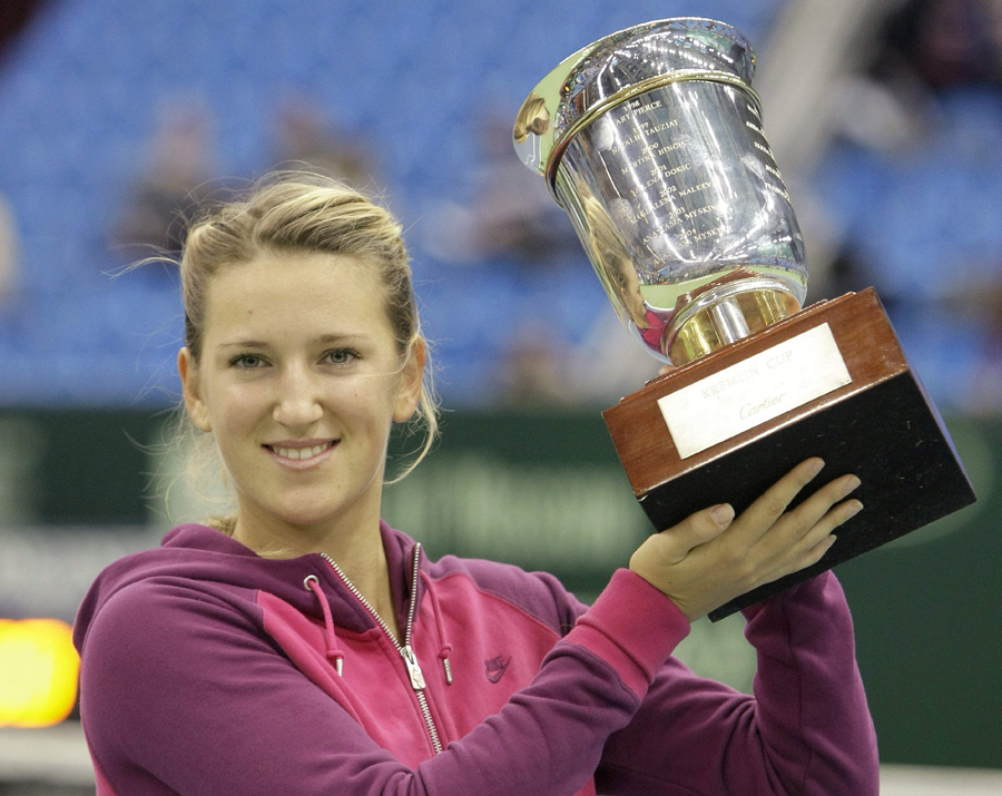 Victoria Azarenka of Belarus, holds a trophy after victory in the final match over Maria Kirilenko of Russia at the Kremlin Cup tennis tournament in Moscow, Russia, Sunday, Oct. 24, 2010. Azarenka won the match 6-3, 6-4. (AP Photo/Misha Japaridze)