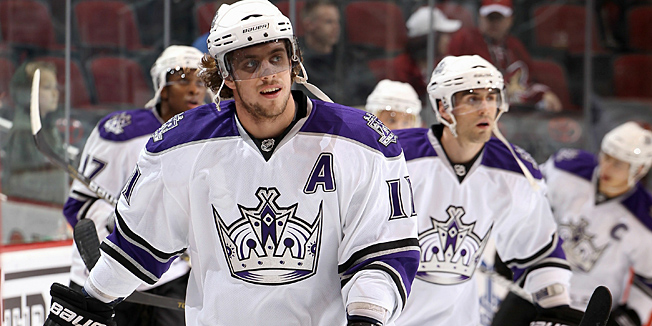 GLENDALE, AZ - OCTOBER 21: Anze Kopitar #11 of the Los Angeles Kings warms up before the NHL game against the Phoenix Coyotes at Jobing.com Arena on October 21, 2010 in Glendale, Arizona. The Coyotes defeated the Kings 4-2.   Christian Petersen/Getty Images) *** Local Caption *** Anze Kopitar== FOR NEWSPAPERS, INTERNET, TELCOS & TELEVISION USE ONLY ==