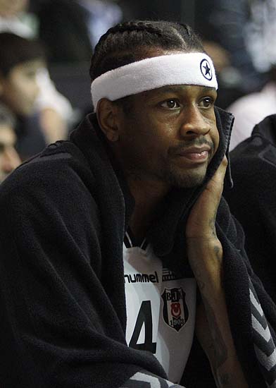 Former NBA player Allen Iverson of Besiktas Cola Turka reacts on the bench during their Turkish basketball league game against Fenerbahce Ulker in Istanbul, Turkey, Sunday, Nov. 21, 2010. (AP Photo/Ibrahim Usta)