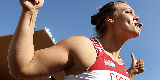 Croatia's Sandra Perkovic reacts after winning the Women's Discus final at the European Athletics Championships in Helsinki, Finland, Sunday, July 1, 2012.  (AP Photo/Matt Dunham) 