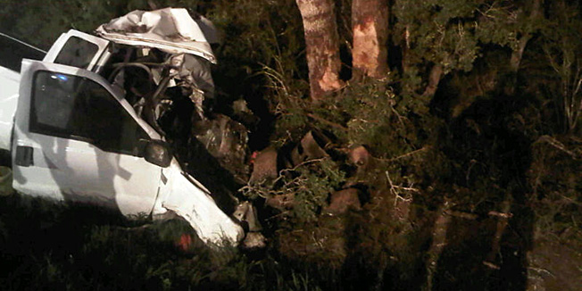 In a photo provided by the Texas Department of Public Safety the wreckage of a pickup truck is seen after it crahed into trees In Goliad County Texas Sunday July 22, 2012.  The single vehicle crash in rural South Texas killed at least 11 people and injured 12 others, all passengers in the truck.  (AP Photo/Texas Department of Public Safety)