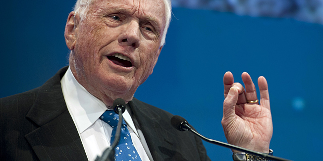 FILE - In this Monday, Feb. 20, 2012, file photo provided by NASA, Apollo 11 Astronaut Neil Armstrong speaks at a celebration dinner honoring John Glenn in Columbus, Ohio. Armstrong, the first man to walk on the moon, is recovering from heart surgery days after his 82nd birthday, a NASA spokesman said Wednesday, Aug. 8, 2012. (AP Photo/NASA, Bill Ingalls, File)