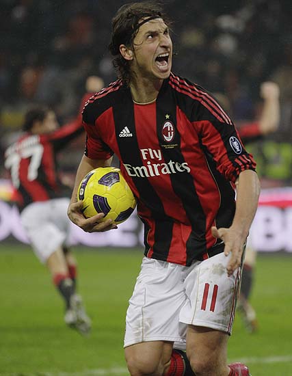AC Milan forward Zlatan Ibrahimovic, of Sweden, reacts after scoring during a Serie A soccer match between AC Milan and Udinese at the San Siro stadium in Milan, Italy, Sunday , Jan. 9, 2011. (AP Photo/Luca Bruno)