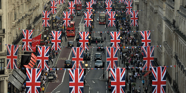 British Union Jack flags are pictured on London's Regent Street on April 20, 2011, in preparation for the royal wedding between Britain's Prince William and his fiancee Kate Middleton at Westminister Abbey on April 29, 2011. AFP PHOTO/BEN STANSALL