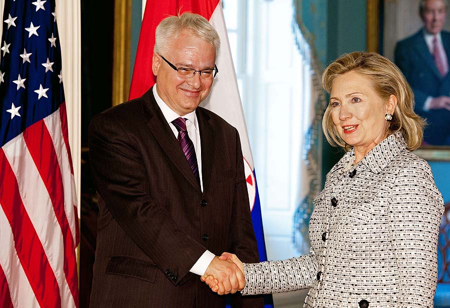 US Secretary of State Hillary Clinton(R) and Croatian President Ivo Josipovic after delivering brief remarks to the media May 3, 2011, from inside the US Department of State,  in Washington, DC. AFP Photo/Paul J. Richards