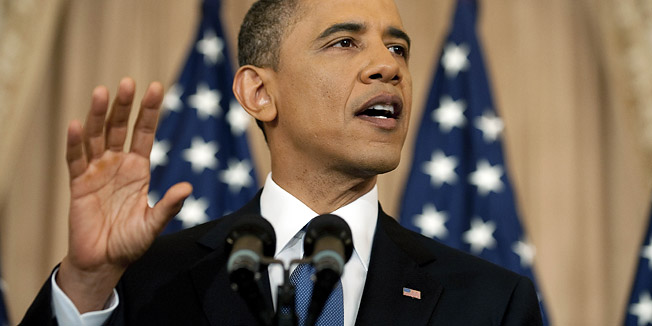 US President Barack Obama speaks on the events in the Middle East and North Africa at the State Department in Washington, DC, May 19, 2011. Obama said the uprisings sweeping the Arab world show that a policy of repression will no longer work.          AFP PHOTO/Jim WATSON