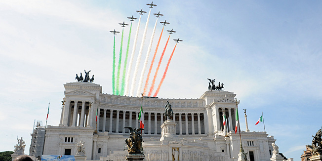The Frecce Tricolore air squadron flies over the munment dedictaed to Vittorio Emanuele II, the Altar of the Fatherland, prior a military parade to mark the anniversary of the founding of the Italian republic in 1946 and the 150th anniversary of Italian unification attended by world leaders on June 2, 2011 in Rome. After the end of World War II and the killing of Mussolini, Italians voted in a popular referendum on June 2, 1946 to abolish the monarchy.  AFP PHOTO / TIZIANA FABI