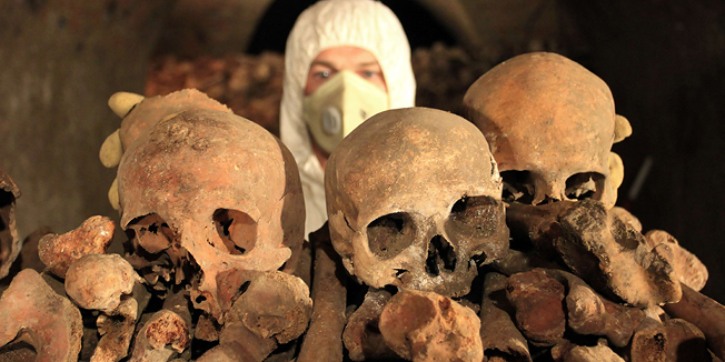 A worker, wearing protective clothing, poses with skulls at an ossuary under St. James Church in the historical center of Brno, South Moravia, on June 14, 2011. Some 50,000 skeletons were found under the square. The bones need to be cleaned before the ossuary can be opened to the public next year. The ossuary is the largest bone repository in Czech Republic and the second largest in Europe. AFP PHOTO/RADEK MICA
