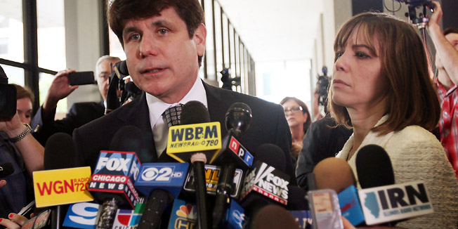 CHICAGO, IL - JUNE 27: Former Illinois Governor Rod Blagojevich speaks to the media with his wife Patti following a guilty verdict in his corruption retrial at the Dirksen Federal Courthouse June 27, 2011 in Chicago, Illinois. After deliberating for nine days jurors found Blagojevich guilty of 17 out of the 20 counts that he was being retried on including trying to sell an appointment to President Barack ObamaÄôs vacated U.S. Senate seat.   Tasos Katopodis/Getty Images/AFP== FOR NEWSPAPERS, INTERNET, TELCOS & TELEVISION USE ONLY ==