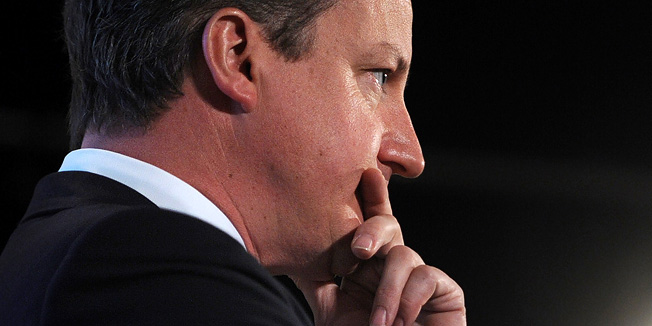 British Prime Minister, David Cameron, pauses during his speech at the Civil Service Live conference, in London on July 8, 2010.   AFP PHOTO / BEN STANSALL