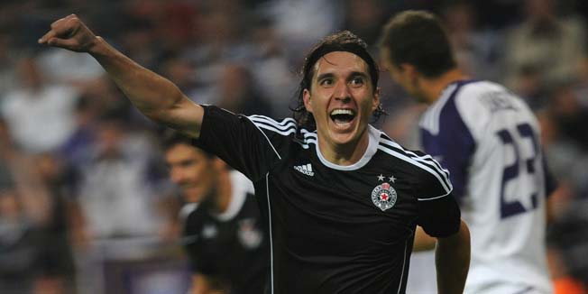 Cleverson Cordova Cleo of Partizan Belgrade scores against Rsc Anderlecht during their Champions League Play-off round match at Constant Vande Stock stadium in Brussels, on August 24, 2010. AFP PHOTO JOHN THYS