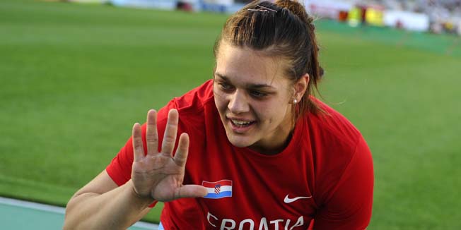 Croatia's Sandra Perkovic gestures as she celebrates her victory in the women's discus throw final at the 2010 European Athletics Championships at the Olympic Stadium in Barcelona on July 28, 2010. AFP PHOTO / PIERRE-PHILIPPE MARCOU