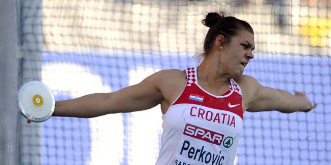 Croatia's Sandra Perkovic competes in the women's discus throw final at the 2010 European Athletics Championships at the Olympic Stadium in Barcelona on July 28, 2010. AFP PHOTO / PIERRE-PHILIPPE MARCOU