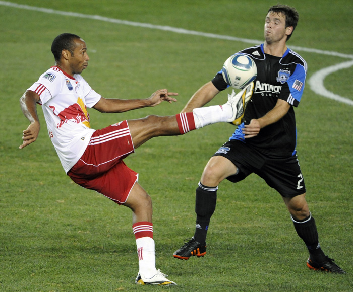 New York Red Bulls forward Thierry Henry, left, battles for control of the ball with San Jose Earthquakes defender Bobby Burling during the second half of an MLS soccer game Saturday, Aug. 28, 2010 in Harrison, N.J. The Red Bulls won 2-0. (AP Photo/Bill Kostroun) 
