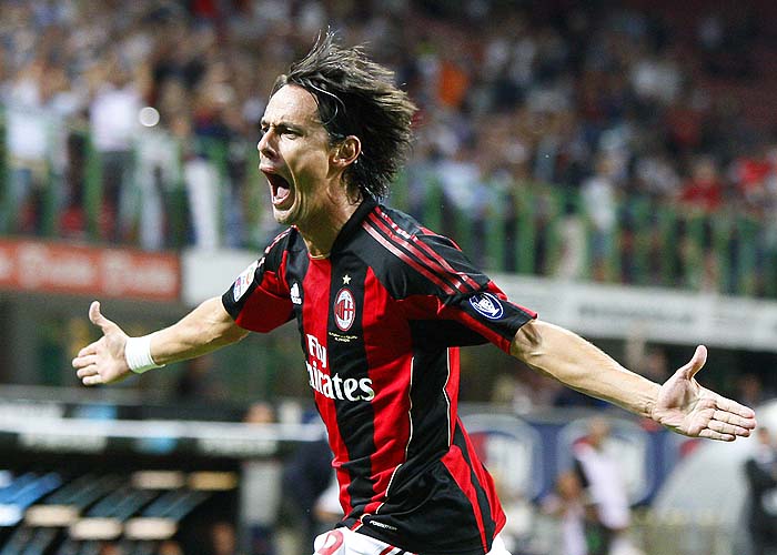 AC Milan forward Filippo Inzaghi celebrates after scoring during the Serie A soccer match between AC Milan and Lecce at the San Siro stadium in Milan, Italy, Sunday, Aug 29, 2010. AC Milan won 4-0. (AP Photo/Antonio Calanni)