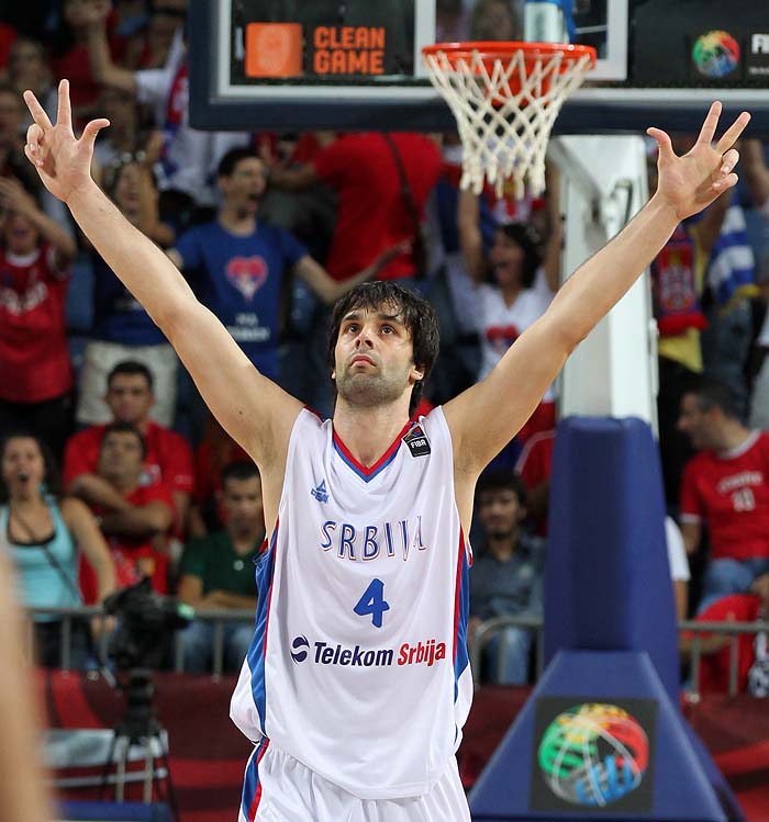 Serbia's Milos Teodosic celebrates a three-point basket against Spain during their World Basketball Championship quarter-finals match at the Sinan Erdem stadium in Istanbul, Wednesday, Sept. 8, 2010. Serbia won 92-89 and will play in the semi-finals. (AP Photo/Thanassis Stavrakis)