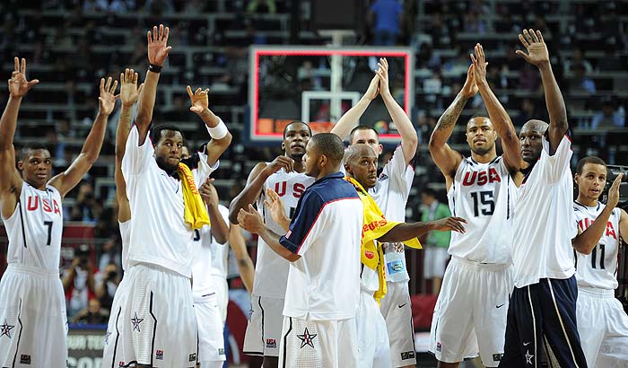 The United States team react after the semifinal between USA and Lithuania at the World Basketball Championship, Saturday, Sept. 11, 2010, in Istanbul, Turkey.  USA won 89-74.  (AP Photo/Mark J. Terrill)