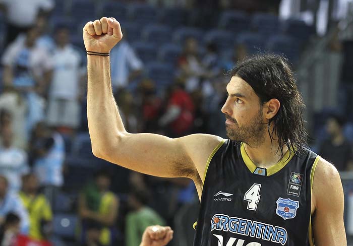 Argentina's Luis Scola celebrates after the 5th-6th place playoff match between Argentina and Spain at the World Basketball Championship, Sunday, Sept. 12, 2010, in Istanbul, Turkey.  Argentina won 86-81.  (AP Photo/Thanassis Stavrakis)