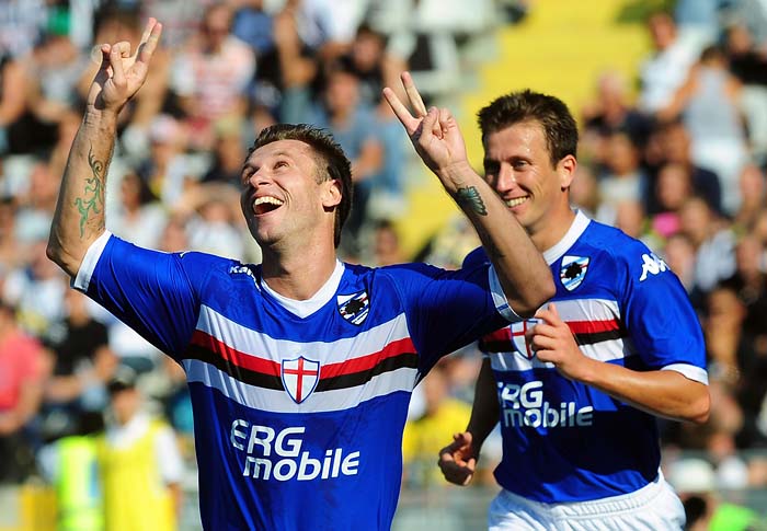 Sampdoria's Antonio Cassano, left, celebrate after scoring during the Serie A soccer match between Juventus and Sampdoria at the Olympic Stadium in Turin, Italy, Sunday, Sept. 12, 2010. The match ended 3-3. (AP Photo/Massimo Pinca)