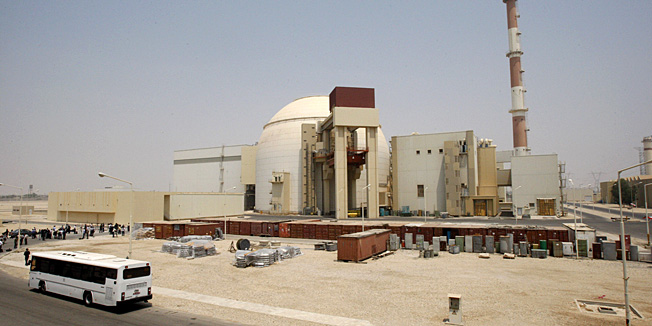 The reactor building of the Bushehr nuclear power plant is seen, just outside the southern city of Bushehr, Iran, Saturday, Aug. 21, 2010.  Iranian and Russian engineers began loading fuel Saturday into Iran's first nuclear power plant, which Moscow has promised to safeguard to prevent material at the site from being used in any potential weapons production. (AP Photo/Vahid Salemi)