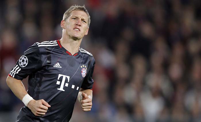 Munich's Bastian Schweinsteiger reacts after scoring during the Champions League Group E soccer match between FC Basel and FC Bayern Munich in Basel, Switzerland, on Tuesday, Sept. 28, 2010. (AP Photo/Matthias Schrader)
