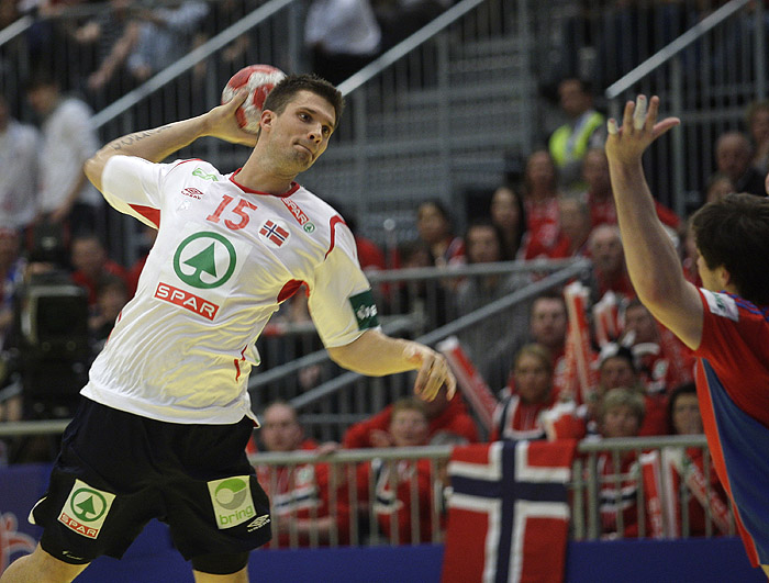 Graz, 210110.Austrija je domacin EURO 2010 u rukometu od 19-31 01.10. U Grazu  igra skupina A, gdje nastupaju reprezentacije Norveske, Ukraine, Rusije i Hrvatske. Utakmica 2. kolo Norveska - Rusija.Na slici: Kristian Kjelling.Foto: Nenad Dugi / Cropix
