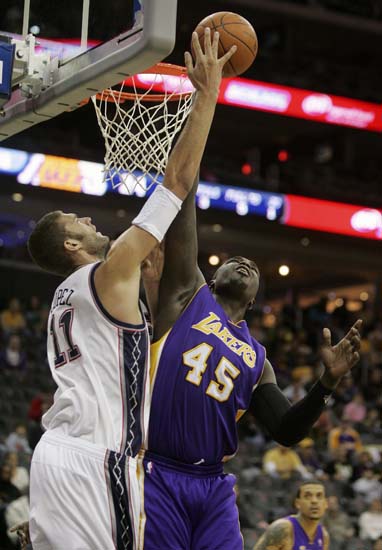 New Jersey Nets' Brook Lopez (11) attempts a layup as Los Angeles Lakers' Derrick Caracter (45) defends in the first half during an NBA basketball game at the Prudential Center in Newark, N.J., Sunday, Dec. 12, 2010. (AP Photo/Rich Schultz)