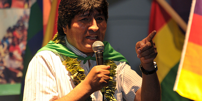 Bolivian President Evo Morales addresses a crowd of more than a thousand, gathered at the Global Forum for Life and Social and Environmental Justice, a sideline event during the United Nations Framework Convention on Climate Change (COP-16) held in Cancun, Mexico. AFP PHOTO/CRIS BOURONCLE