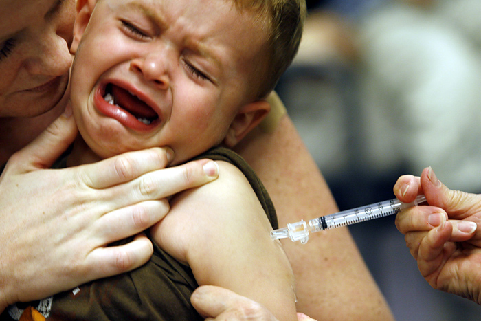 Bobby Callow, 2, of Clifton, Va., gets the swine flu vaccine as his mother Allison Callow comforts him during a vaccine clinic at the Fairfax County Government Center in Fairfax, Va., on Saturday, Oct. 24, 2009. (AP Photo/Jose Luis Magana)