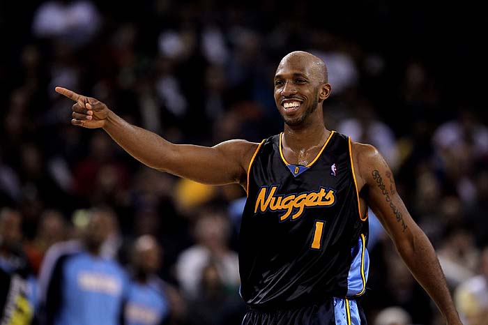 OAKLAND, CA - JANUARY 20: Chauncey Billups #1 of the Denver Nuggets reacts after a play during their game against the Golden State Warriors at Oracle Arena on January 20, 2010 in Oakland, California. NOTE TO USER: User expressly acknowledges and agrees that, by downloading and/or using this Photograph, user is consenting to the terms and conditions of the Getty Images License Agreement.   Ezra Shaw/Getty Images/AFP== FOR NEWSPAPERS, INTERNET, TELCOS & TELEVISION USE ONLY ==