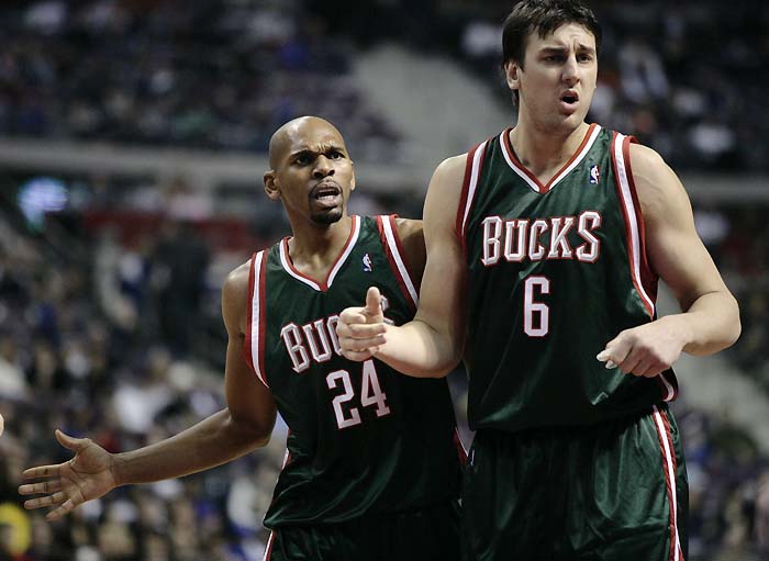 Milwaukee Bucks' Jerry Stackhouse (24) and Andrew Bogut (6) react after officials rule Stackouse was not shooting when fouled by Detroit Pistons' Tayshaun Prince in the second quarter of an NBA basketball game Friday, Feb. 19, 2010, in Auburn Hills, Mich. The Bucks defeated the Pistons 91-85. (AP Photo/Duane Burleson)