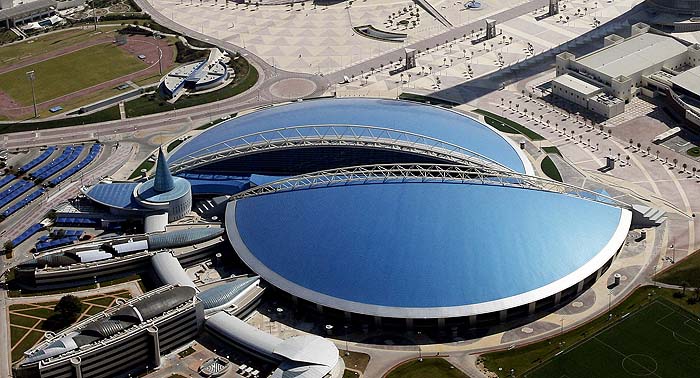 An aerial view of Aspire, the indoor sports facility , which will be the venue for the  World Indoor Athletic Championships, seen in Qatar, Doha, Wednesday March 10, 2010. The championships begin Friday March 12, 2010(AP Photo/Osama Faisal)