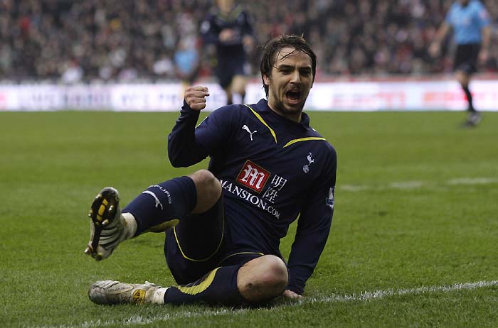 Tottenham Hotspur's Niko Kranjcar celebrates scoring against Stoke City during their English Premier League soccer match at The Britannia Stadium, Stoke, England, Saturday March 20, 2010. (AP Photo/Jon Super) ** NO INTERNET/MOBILE USAGE WITHOUT FOOTBALL ASSOCIATION PREMIER LEAGUE (FAPL) LICENCE. CALL +44 (0) 20 7864 9121 or EMAIL info@football-dataco.com FOR DETAILS **