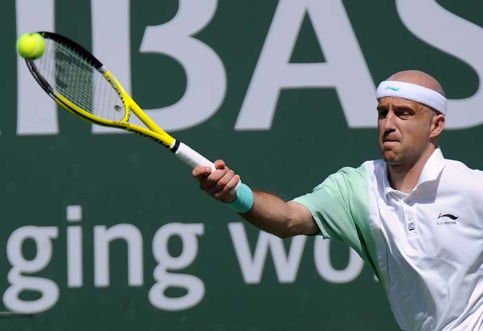 Ivan Ljubicic of Croatia returns a shot to Rafael Nadal of Spain during the BNP Paribas Open on March 20, 2010 at the Indian Wells Tennis Garden in Indian Wells, California.  AFP PHOTO / GABRIEL BOUYS