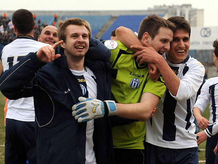 Zagreb, 200310.Stadion Maksimir, 1. HNL, 21. kolo, seniori, susret ekipa NK Lokomotiva i NK Hajduk Split.Na slici: slavlje, Tomislav Havojic, Ivan Kelava, Ivan Peko.Foto: Damir Krajac / CROPIX
