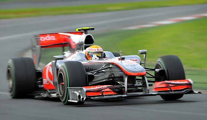 McLaren-Mercedes driver Lewis Hamilton of Britain speeds through a corner during the second practice session for Formula One's Australian Grand Prix in Melbourne on March 26, 2010.  The Australian Grand Prix will be run March 28, 2010.  AFP PHOTO/William WEST