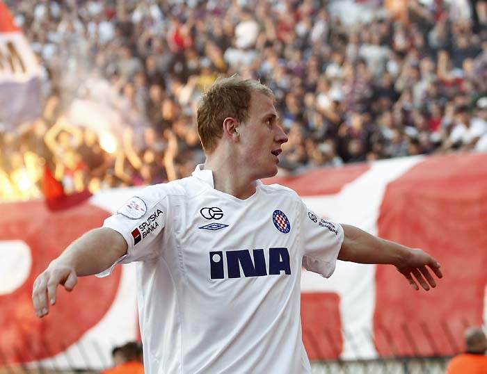 Split, 070410.Stadion Poljud.Uzvratna polufinalna nogometna utakmica Hrvatskog kupa izmedju Hajduka i Dinama.Na fotografiji: Senijad Ibricic slavi postignuti pogodak.Foto: Duje Klaric / CROPIX