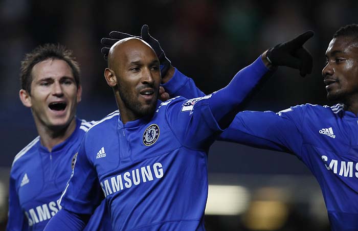 Chelsea's Nicolas Anelka, centre, celebrates with team mates Frank Lampard, left, and Salomon Kalou after scoring against Bolton Wanderers' during their English Premiership soccer match at Chelsea's Stamford Bridge stadium in London, Tuesday, April, 13,  2010. (AP Photo/Alastair Grant) ** NO INTERNET/MOBILE USAGE WITHOUT FOOTBALL ASSOCIATION PREMIER LEAGUE(FAPL)LICENCE. CALL +44 (0) 20 7864 9121 or EMAIL info@football-dataco.com  FOR DETAILS **