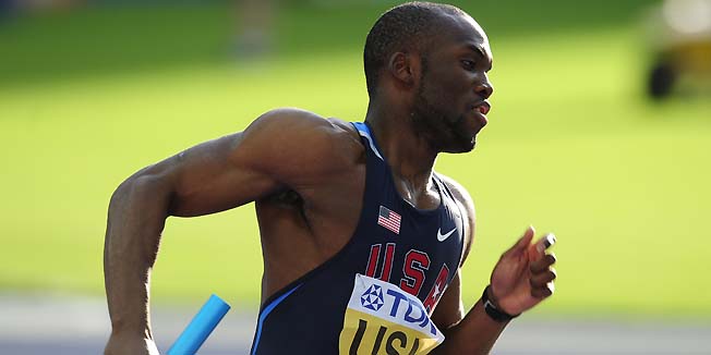 (FILES) This file picture taken on August 23, 2009 in Berlin, shows US LaShawn Merritt competing in the men's 4x400m relay final of the 2009 IAAF Athletics World Championships. Merritt  has been suspended after testing positive for an anabolic steroid contained in an over-the-counter penis enlargement product, announced his lawyer on April 22, 2010. Merritt failed the tests for the steroid Dehydroepiandrosterone (DHEA) between October last year and January after he started taking the product following the end of last season. AFP PHOTO / FRANCK FIFE