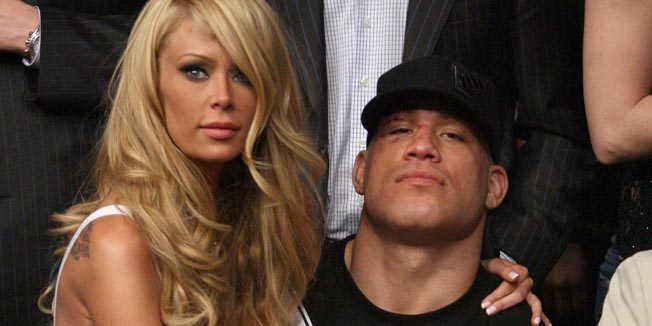 FILE - In this May 24, 2008 file photo, mixed martial arts star Tito Ortiz, right, is seen with Jenna Jameson after his fight at UFC 84 at the MGM Grand Garden Arena in Las Vegas. Ortiz was arrested on suspicion of domestic violence Monday, April 26, 2010, at the home he shares with Jameson. (AP Photo/Eric Jamison, File)