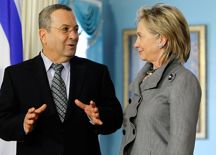 WASHINGTON - APRIL 27: Israeli Defense Minister Ehud Barak (L) speaks with U.S. Secretary of State Hillary Clinton (R) after a meeting at the State Department April 27, 2010 in Washington, DC. Barak was scheduled to meet with U.S. Defense Secretary Robert Gates in the afternoon.   Alex Wong/Getty Images/AFP== FOR NEWSPAPERS, INTERNET, TELCOS & TELEVISION USE ONLY ==
