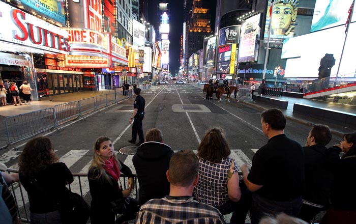 Times Square is void of pedestrians just south of 46th Street in New York Saturday, May 1, 2010. Police have closed some streets in New York City's Times Square as they investigate a car that has been 