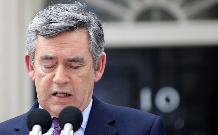 Britain's Prime Minister Gordon Brown speaking to the media outside 10 Downing street in London, Monday, May, 10  2010 . (AP Photo/Simon Dawson)