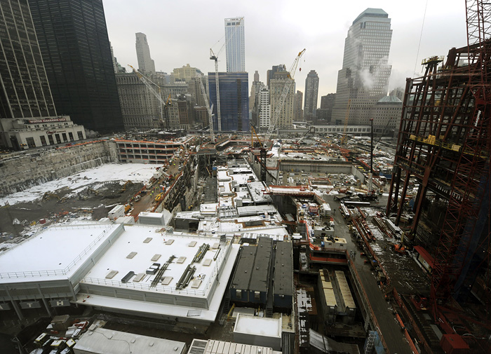 FOR USE WITH AFP STORY by Sebastian Smith, US-attacks-Islam-NewYork-911(FILES) Construction cranes stand on the site of the World Trade Center in New York February 3, 2010. An ambitious plan to raise a mosque next to New York's Ground Zero is prompting hope -- and anger -- in a city scarred by terrorism. There's little to see now at the site, an abandoned clothing store two blocks from the former World Trade Center where nearly 3,000 people died on September 11, 2001. But Feisal Abdul Rauf, a New York imam and a leader of the project, says the planned multi-storey Islamic center will transform both the drab lower Manhattan street and the way Americans have looked on Muslims since 9/11.      FILES/AFP PHOTO/TIMOTHY A. CLARY