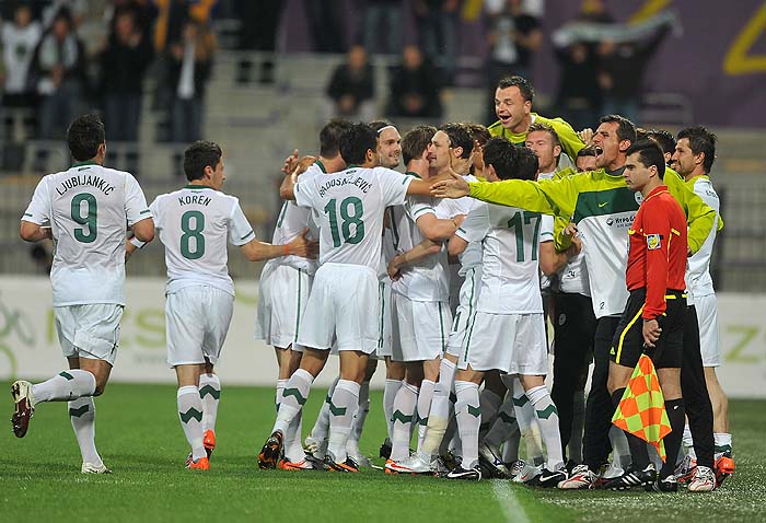 Slovenia's team celebrate their second goal against New Zealand during their friendly football match in Maribor, some 150 kilometers from capital Ljubljana on June 4, 2010 ahead of the FIFA World Cup 2010 held in South Africa.     AFP PHOTO/ HRVOJE POLAN