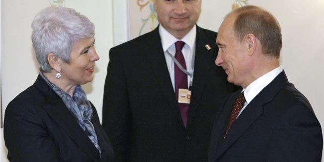 Russian Prime Minister Vladimir Putin, right, greets Croatian Prime Minister Jadranka Kosor during their meeting in the Novo-Ogaryovo residence outside Moscow, Saturday, June 19, 2010. (AP Photo/RIA-Novosti, Alexei Nikolsky, Pool)