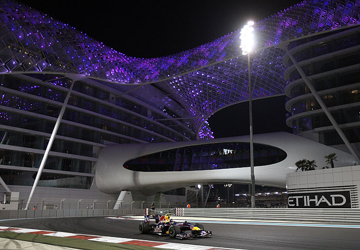 Red Bull driver Sebastian Vettel of Germany steers his car during the Abu Dhabi Formula One Grand Prix at the Yas Marina racetrack , in Abu Dhabi, United Arab Emirates, Sunday, Nov.1, 2009. (AP Photo/Luca Bruno)