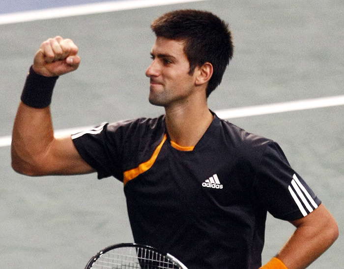 Novak Djokovic, of Serbia, reacts after beating Rafael Nadal, of Spain, 6-2, 6-3 during the semi-finals of the BNP Masters indoor tennis tournament, in Paris, Saturday, Nov. 14, 2009.(AP Photo/Michel Spingler)