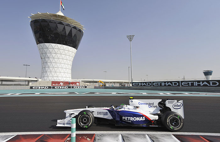 BMW Sauber driver Nick Heidfeld of Germany steers his car during the third free practice session at the Yas Marina racetrack in Abu Dhabi, United Arab Emirates, Saturday, Oct. 31, 2009. The Emirates Formula One Grand Prix will take place here on Sunday, Nov. 1, 2009. (AP Photo/Gero Breloer)