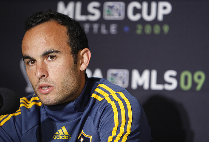 Los Angeles Galaxy's Landon Donovan answers questions during the news conference before the MLS cup soccer championship game at Qwest Field, in Seattle, on Friday, Nov. 20, 2009. (AP Photo/Kevin P. Casey)